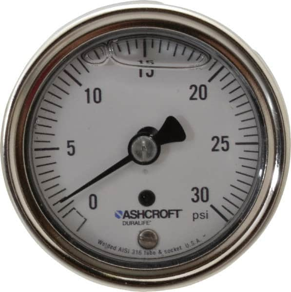 Ashcroft - 2-1/2" Dial, 1/4 Thread, 0-30 Scale Range, Pressure Gauge - Center Back Connection Mount, Accurate to 1% of Scale - Benchmark Tooling