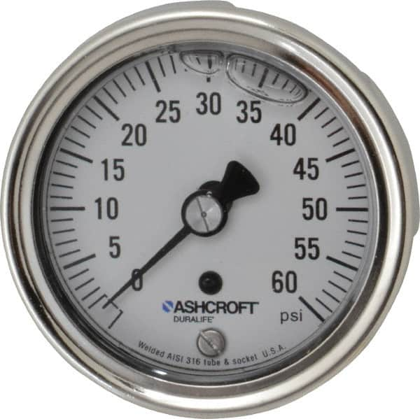 Ashcroft - 2-1/2" Dial, 1/4 Thread, 0-60 Scale Range, Pressure Gauge - Center Back Connection Mount, Accurate to 1% of Scale - Benchmark Tooling