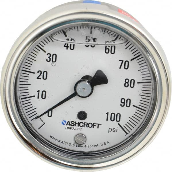 Ashcroft - 2-1/2" Dial, 1/4 Thread, 0-100 Scale Range, Pressure Gauge - Center Back Connection Mount, Accurate to 1% of Scale - Benchmark Tooling