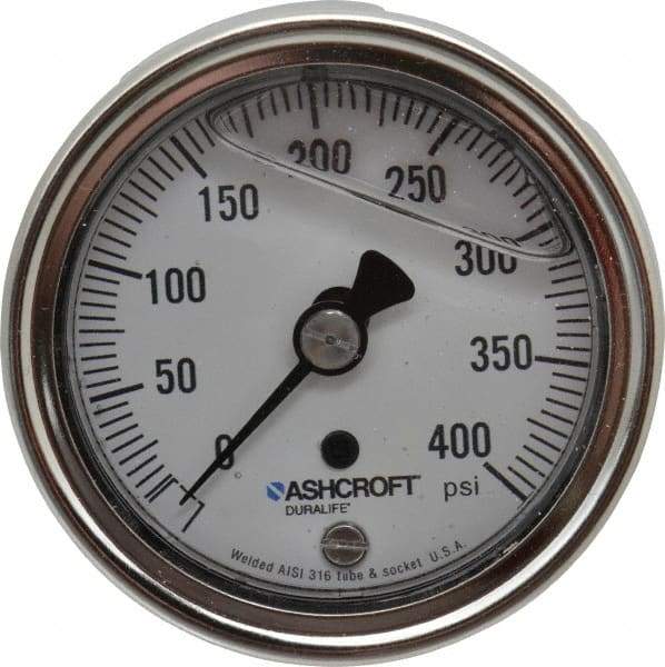 Ashcroft - 2-1/2" Dial, 1/4 Thread, 0-400 Scale Range, Pressure Gauge - Center Back Connection Mount, Accurate to 1% of Scale - Benchmark Tooling