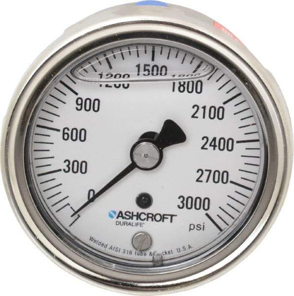 Ashcroft - 2-1/2" Dial, 1/4 Thread, 0-3,000 Scale Range, Pressure Gauge - Center Back Connection Mount, Accurate to 1% of Scale - Benchmark Tooling