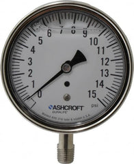 Ashcroft - 3-1/2" Dial, 1/4 Thread, 0-15 Scale Range, Pressure Gauge - Lower Connection Mount, Accurate to 1% of Scale - Benchmark Tooling