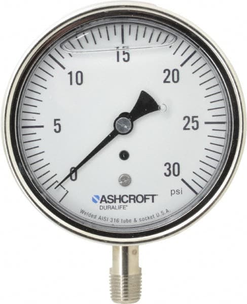 Ashcroft - 3-1/2" Dial, 1/4 Thread, 0-30 Scale Range, Pressure Gauge - Lower Connection Mount, Accurate to 1% of Scale - Benchmark Tooling