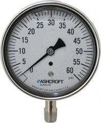 Ashcroft - 3-1/2" Dial, 1/4 Thread, 0-60 Scale Range, Pressure Gauge - Lower Connection Mount, Accurate to 1% of Scale - Benchmark Tooling