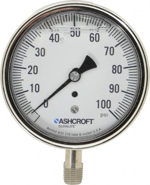 Ashcroft - 3-1/2" Dial, 1/4 Thread, 0-100 Scale Range, Pressure Gauge - Lower Connection Mount, Accurate to 1% of Scale - Benchmark Tooling