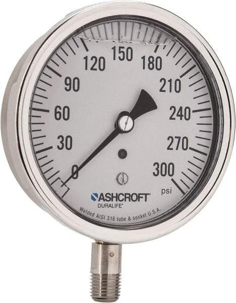 Ashcroft - 3-1/2" Dial, 1/4 Thread, 0-300 Scale Range, Pressure Gauge - Lower Connection Mount, Accurate to 1% of Scale - Benchmark Tooling