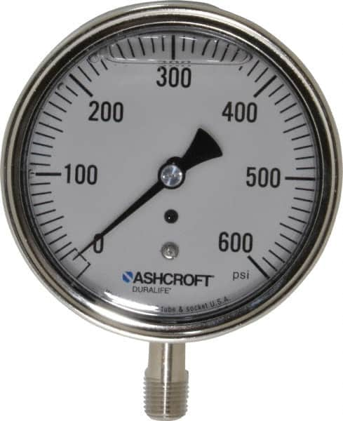 Ashcroft - 3-1/2" Dial, 1/4 Thread, 0-600 Scale Range, Pressure Gauge - Lower Connection Mount, Accurate to 1% of Scale - Benchmark Tooling