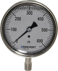 Ashcroft - 3-1/2" Dial, 1/4 Thread, 0-600 Scale Range, Pressure Gauge - Lower Connection Mount, Accurate to 1% of Scale - Benchmark Tooling