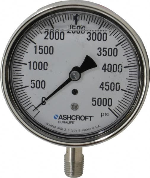 Ashcroft - 3-1/2" Dial, 1/4 Thread, 0-5,000 Scale Range, Pressure Gauge - Lower Connection Mount, Accurate to 1% of Scale - Benchmark Tooling