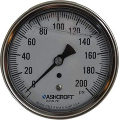 Ashcroft - 3-1/2" Dial, 1/4 Thread, 0-200 Scale Range, Pressure Gauge - Center Back Connection Mount, Accurate to 1% of Scale - Benchmark Tooling