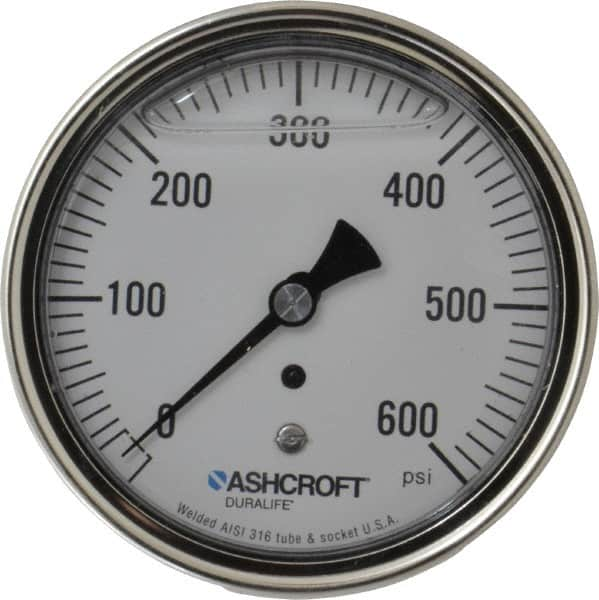 Ashcroft - 3-1/2" Dial, 1/4 Thread, 0-600 Scale Range, Pressure Gauge - Center Back Connection Mount, Accurate to 1% of Scale - Benchmark Tooling