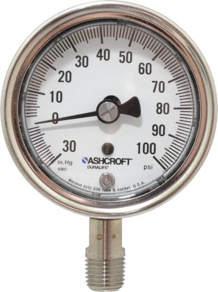 Ashcroft - 2-1/2" Dial, 1/4 Thread, 30-0-100 Scale Range, Pressure Gauge - Lower Connection Mount, Accurate to 1% of Scale - Benchmark Tooling