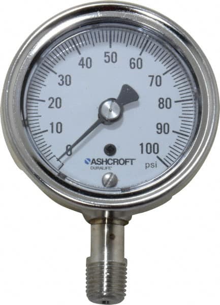 Ashcroft - 2-1/2" Dial, 1/4 Thread, 0-100 Scale Range, Pressure Gauge - Lower Connection Mount, Accurate to 1% of Scale - Benchmark Tooling