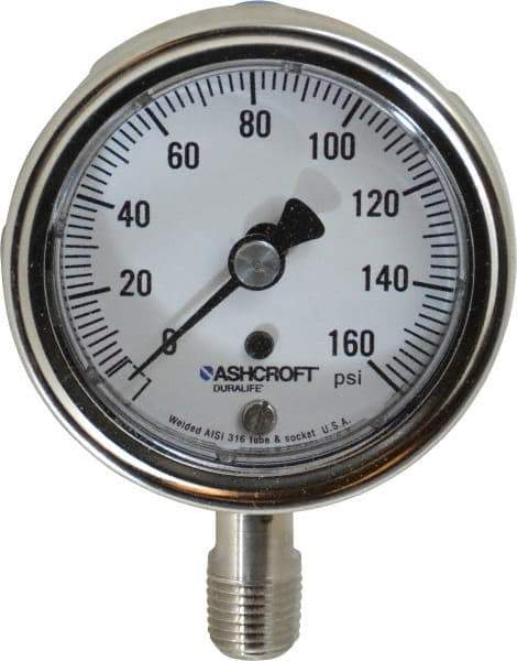 Ashcroft - 2-1/2" Dial, 1/4 Thread, 0-160 Scale Range, Pressure Gauge - Lower Connection Mount, Accurate to 1% of Scale - Benchmark Tooling