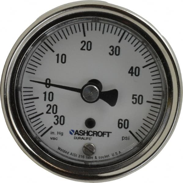 Ashcroft - 2-1/2" Dial, 1/4 Thread, 30-0-60 Scale Range, Pressure Gauge - Center Back Connection Mount, Accurate to 1% of Scale - Benchmark Tooling