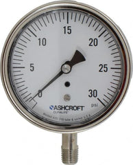 Ashcroft - 3-1/2" Dial, 1/4 Thread, 0-30 Scale Range, Pressure Gauge - Lower Connection Mount, Accurate to 1% of Scale - Benchmark Tooling