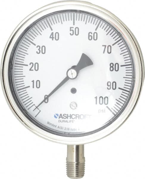 Ashcroft - 3-1/2" Dial, 1/4 Thread, 0-100 Scale Range, Pressure Gauge - Lower Connection Mount, Accurate to 1% of Scale - Benchmark Tooling