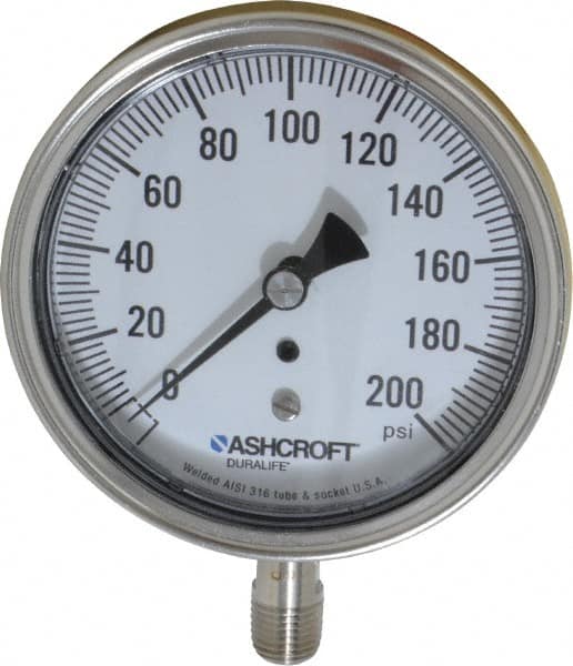 Ashcroft - 3-1/2" Dial, 1/4 Thread, 0-200 Scale Range, Pressure Gauge - Lower Connection Mount, Accurate to 1% of Scale - Benchmark Tooling