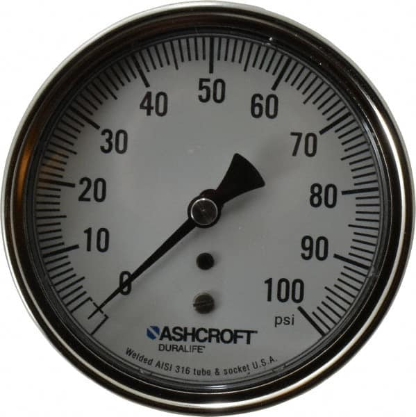 Ashcroft - 3-1/2" Dial, 1/4 Thread, 0-100 Scale Range, Pressure Gauge - Center Back Connection Mount, Accurate to 1% of Scale - Benchmark Tooling