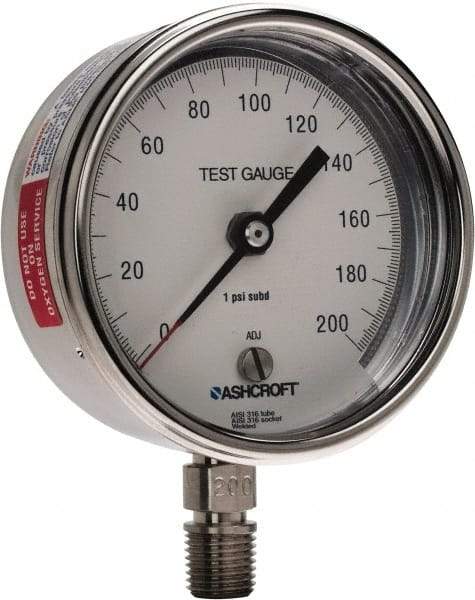 Ashcroft - 3" Dial, 1/4 Thread, 0-200 Scale Range, Pressure Gauge - Lower Connection Mount, Accurate to 0.5% of Scale - Benchmark Tooling