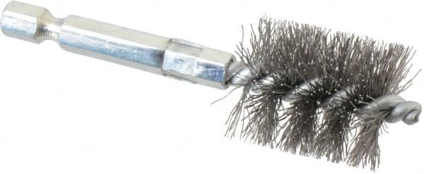 Schaefer Brush - 3/4 Inch Inside Diameter, 15/16 Inch Actual Brush Diameter, Carbon Steel, Power Fitting and Cleaning Brush - 1/4 Shank Diameter, 3-1/8 Inch Long, Hex Shaft Stem, 7/8 Inch Refrigeration Outside Diameter - Benchmark Tooling