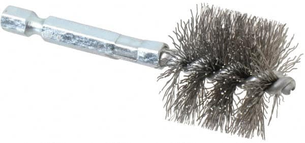 Schaefer Brush - 1 Inch Inside Diameter, 1-3/16 Inch Actual Brush Diameter, Carbon Steel, Power Fitting and Cleaning Brush - 1/4 Shank Diameter, 3-1/8 Inch Long, Hex Shaft Stem, 1-1/8 Inch Refrigeration Outside Diameter - Benchmark Tooling