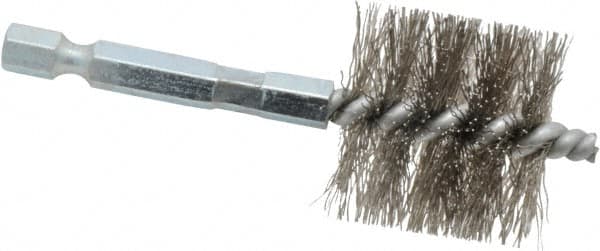 Schaefer Brush - 1 Inch Inside Diameter, 1-3/16 Inch Actual Brush Diameter, Stainless Steel, Power Fitting and Cleaning Brush - 1/4 Shank Diameter, 3-1/8 Inch Long, Hex Shaft Stem, 1-1/8 Inch Refrigeration Outside Diameter - Benchmark Tooling