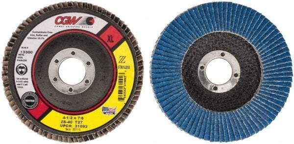 Camel Grinding Wheels - 40 Grit, 4-1/2" Disc Diam, 7/8" Center Hole, Type 27 Zirconia Alumina Flap Disc - 13,300 Max RPM, Polyester Backing, Arbor Attaching System, Coated - Benchmark Tooling