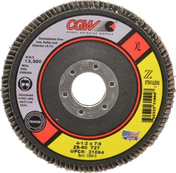 Camel Grinding Wheels - 60 Grit, 4-1/2" Disc Diam, 7/8" Center Hole, Type 27 Zirconia Alumina Flap Disc - 13,300 Max RPM, Polyester Backing, Arbor Attaching System, Coated - Benchmark Tooling
