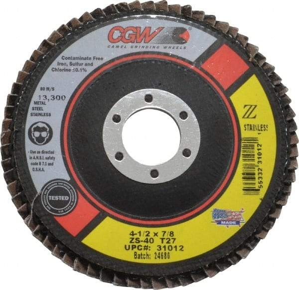 Camel Grinding Wheels - 40 Grit, 4-1/2" Disc Diam, 7/8" Center Hole, Type 27 Zirconia Alumina Flap Disc - 13,300 Max RPM, Polyester Backing, Arbor Attaching System, Coated - Benchmark Tooling