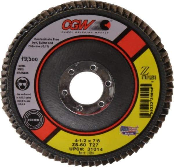 Camel Grinding Wheels - 60 Grit, 4-1/2" Disc Diam, 7/8" Center Hole, Type 27 Zirconia Alumina Flap Disc - 13,300 Max RPM, Polyester Backing, Arbor Attaching System, Coated - Benchmark Tooling