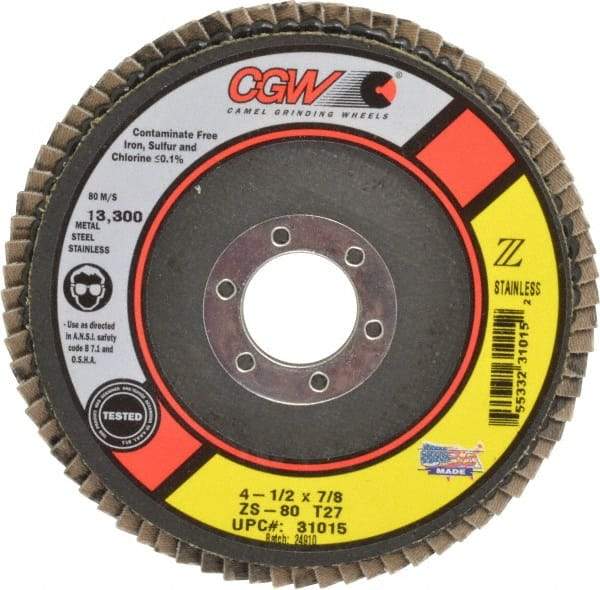 Camel Grinding Wheels - 80 Grit, 4-1/2" Disc Diam, 7/8" Center Hole, Type 27 Zirconia Alumina Flap Disc - 13,300 Max RPM, Polyester Backing, Arbor Attaching System, Coated - Benchmark Tooling