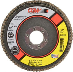 Camel Grinding Wheels - 80 Grit, 4-1/2" Disc Diam, 7/8" Center Hole, Type 27 Zirconia Alumina Flap Disc - 13,300 Max RPM, Polyester Backing, Arbor Attaching System, Coated - Benchmark Tooling