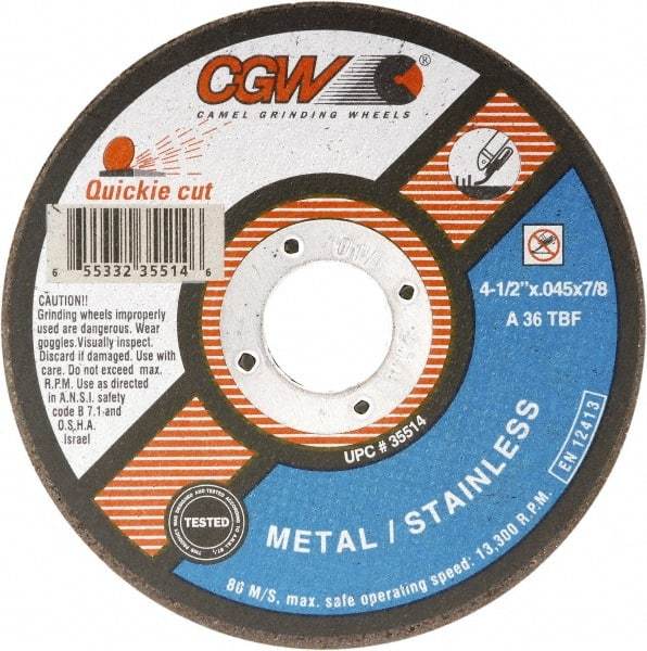 Camel Grinding Wheels - 7" 36 Grit Aluminum Oxide Cutoff Wheel - 1/16" Thick, 7/8" Arbor, 8,500 Max RPM - Benchmark Tooling