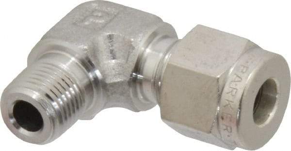 Parker - 1/4" OD, Stainless Steel Male Elbow - -425 to 1,200°F, 1/2" Hex, Comp x MNPT Ends - Benchmark Tooling