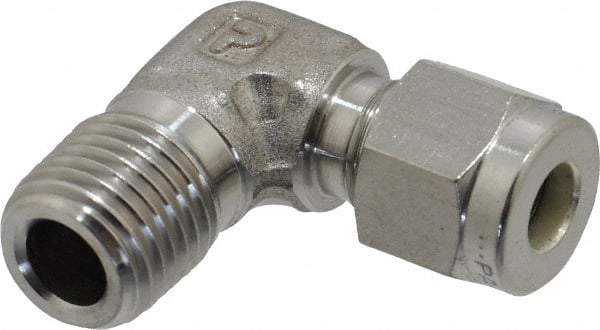 Parker - 1/4" OD, Stainless Steel Male Elbow - 0 to 1,200°F, 9/16" Hex, Comp x MNPT Ends - Benchmark Tooling
