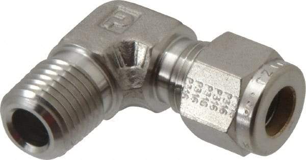 Parker - 5/16" OD, Stainless Steel Male Elbow - -425 to 1,200°F, 5/8" Hex, Comp x MNPT Ends - Benchmark Tooling