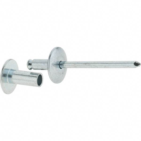 RivetKing - Size 8-12 Dome Head Steel Flush on Both Sides Blind Rivet - Steel Mandrel, 5/8" to 3/4" Grip, 5/8" Head Diam, 0.255" Min Hole Diam, 0.58" Length Under Head, 1/4" Body Diam - Benchmark Tooling