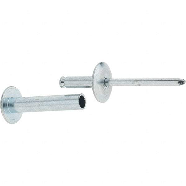 RivetKing - Size 8-26 Dome Head Steel Flush on Both Sides Blind Rivet - Steel Mandrel, 1-3/8" to 1-5/8" Grip, 5/8" Head Diam, 0.255" Min Hole Diam, 1.32" Length Under Head, 1/4" Body Diam - Benchmark Tooling