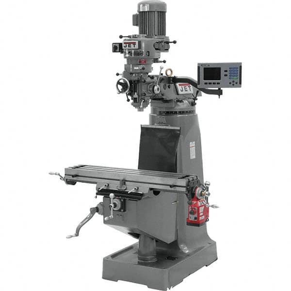 Jet - 9" Table Width x 42" Table Length, Step Pulley Control, 3 Phase Knee Milling Machine - R8 Spindle Taper, 2 hp - Benchmark Tooling