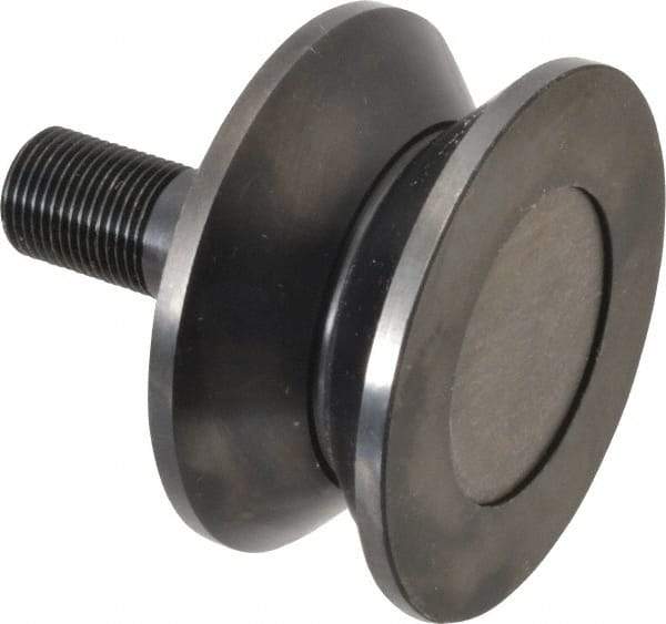 Accurate Bushing - 3-1/2" Roller Diam x 1-11/16" Width, 7/8" Stud Diam x 2" Length, V Guide Roller - Steel, 1-1/8" Thread Length, 7/8-14 Thread, 3,490 Lb Dynamic Cap, 2,000 Lb Static Cap - Benchmark Tooling