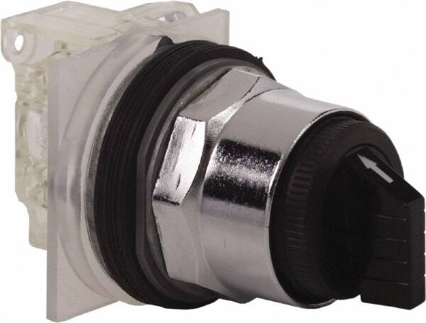 Schneider Electric - 1.18 Inch Mount Hole, 3 Position, Knob and Pushbutton Operated, Selector Switch - Black, Momentary (MO), NO/NC, Weatherproof and Dust and Oil Resistant - Benchmark Tooling