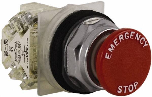 Schneider Electric - 30mm Mount Hole, Extended Straight, Pushbutton Switch with Contact Block - Red Pushbutton, Momentary (MO) - Benchmark Tooling