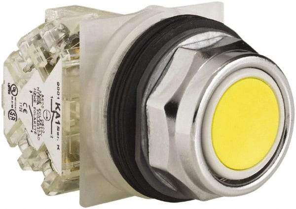 Schneider Electric - 30mm Mount Hole, Extended Straight, Pushbutton Switch with Contact Block - Yellow Pushbutton, Momentary (MO) - Benchmark Tooling