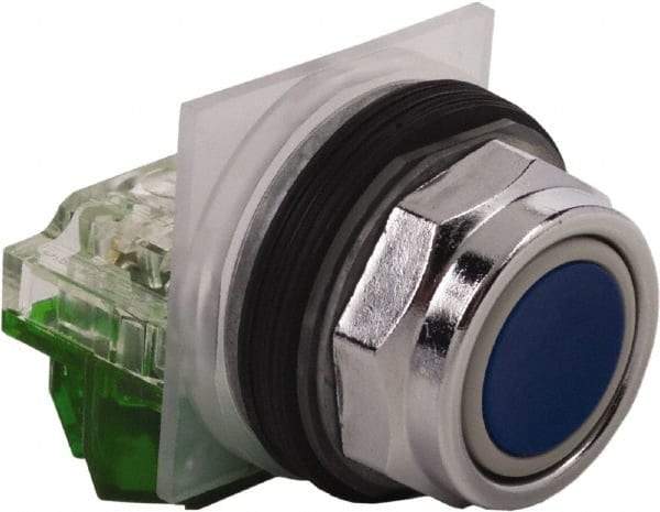 Schneider Electric - 30mm Mount Hole, Extended Straight, Pushbutton Switch with Contact Block - Blue Pushbutton, Momentary (MO) - Benchmark Tooling