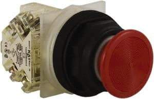 Schneider Electric - 30mm Mount Hole, Extended Straight, Pushbutton Switch with Contact Block - Red Pushbutton, Momentary (MO) - Benchmark Tooling