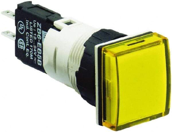 Schneider Electric - 12-24 VAC/VDC Yellow Lens LED Pilot Light - Square Lens, Quick Connect Connector, 18mm Wide, Vibration Resistant - Benchmark Tooling