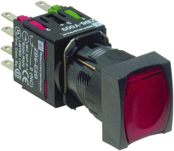 Schneider Electric - 16mm Mount Hole, Flush, Pushbutton Switch with Contact Block - Square, Red Pushbutton, Illuminated, Momentary (MO) - Benchmark Tooling