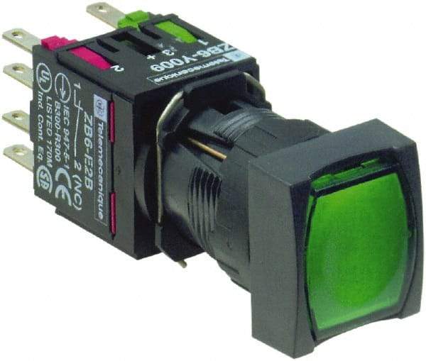 Schneider Electric - 16mm Mount Hole, Flush, Pushbutton Switch with Contact Block - Square, Green Pushbutton, Illuminated, Momentary (MO) - Benchmark Tooling