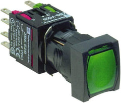 Schneider Electric - 16mm Mount Hole, Flush, Pushbutton Switch with Contact Block - Square, Green Pushbutton, Illuminated, Momentary (MO) - Benchmark Tooling